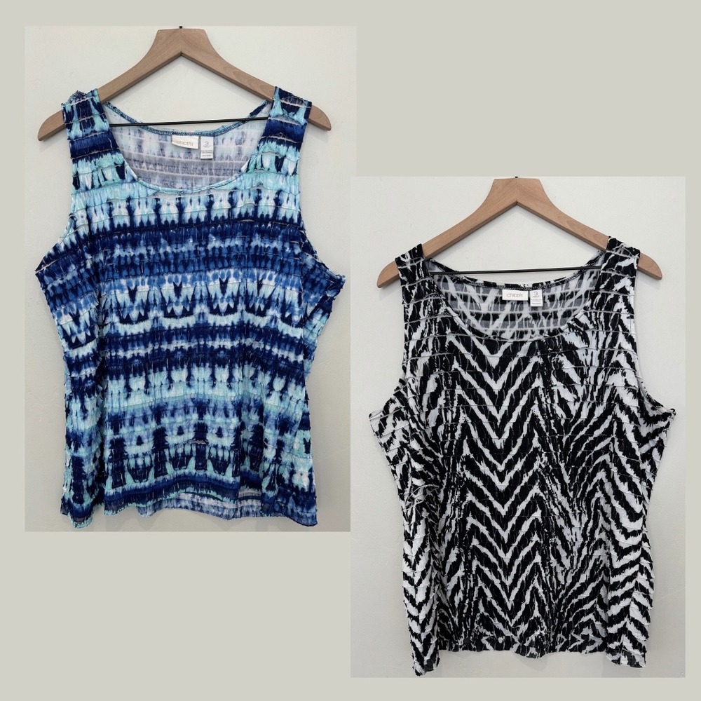 Lot of 2 Chicos Size 3 Women XL Layered Ruffle Tank Top Blue Tie Dye Zebra Print